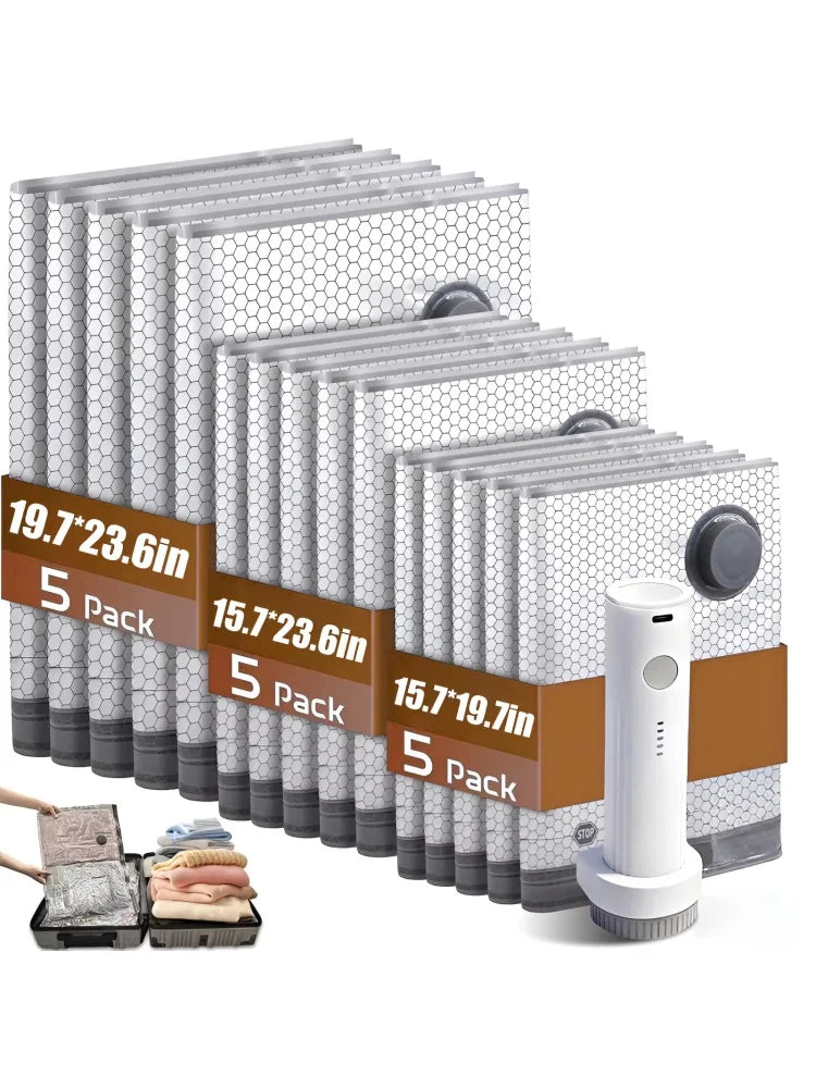 Cordless Travel Vacuum Bag Set with Rechargeable air Pump, 15 Pack Carry-on Size Compression Packing Bags for Luggage and Suitcase