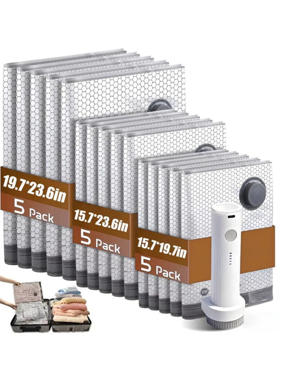Cordless Travel Vacuum Bag Set with Rechargeable air Pump, 15 Pack Carry-on Size Compression Packing Bags for Luggage and Suitcase